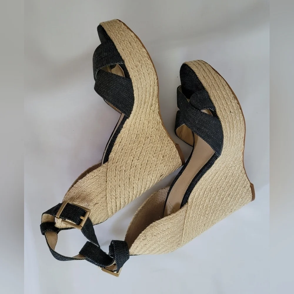New Vince Camuto Espadrille Wedge Sandals Denim Blue Ankle Strap 9.5